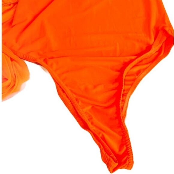 Femme Luxe Orange Strapless One Piece Bathing Suit Sheer Overlay NWT Size 12 - Picture 7 of 7
